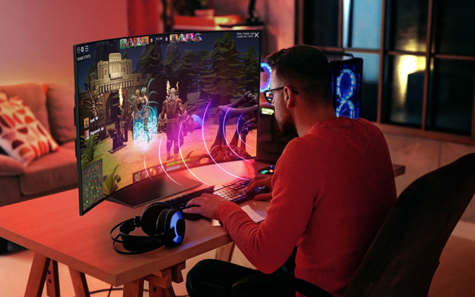 A gamer fully immersed in a vibrant scene on an LG curved monitor, demonstrating how the ultra-wide screen enhances the gaming experience.