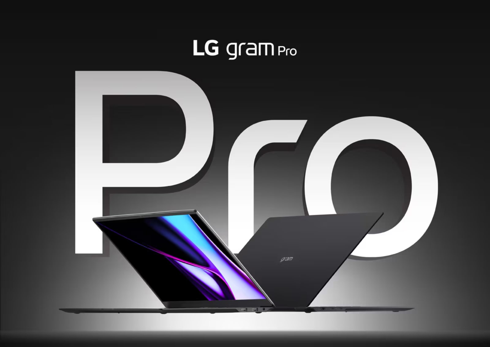 A sleek LG gram Pro Laptop is displayed against a backdrop with the text "Pro" in large letters. The laptop is partially open, showing its thin design and vibrant screen.