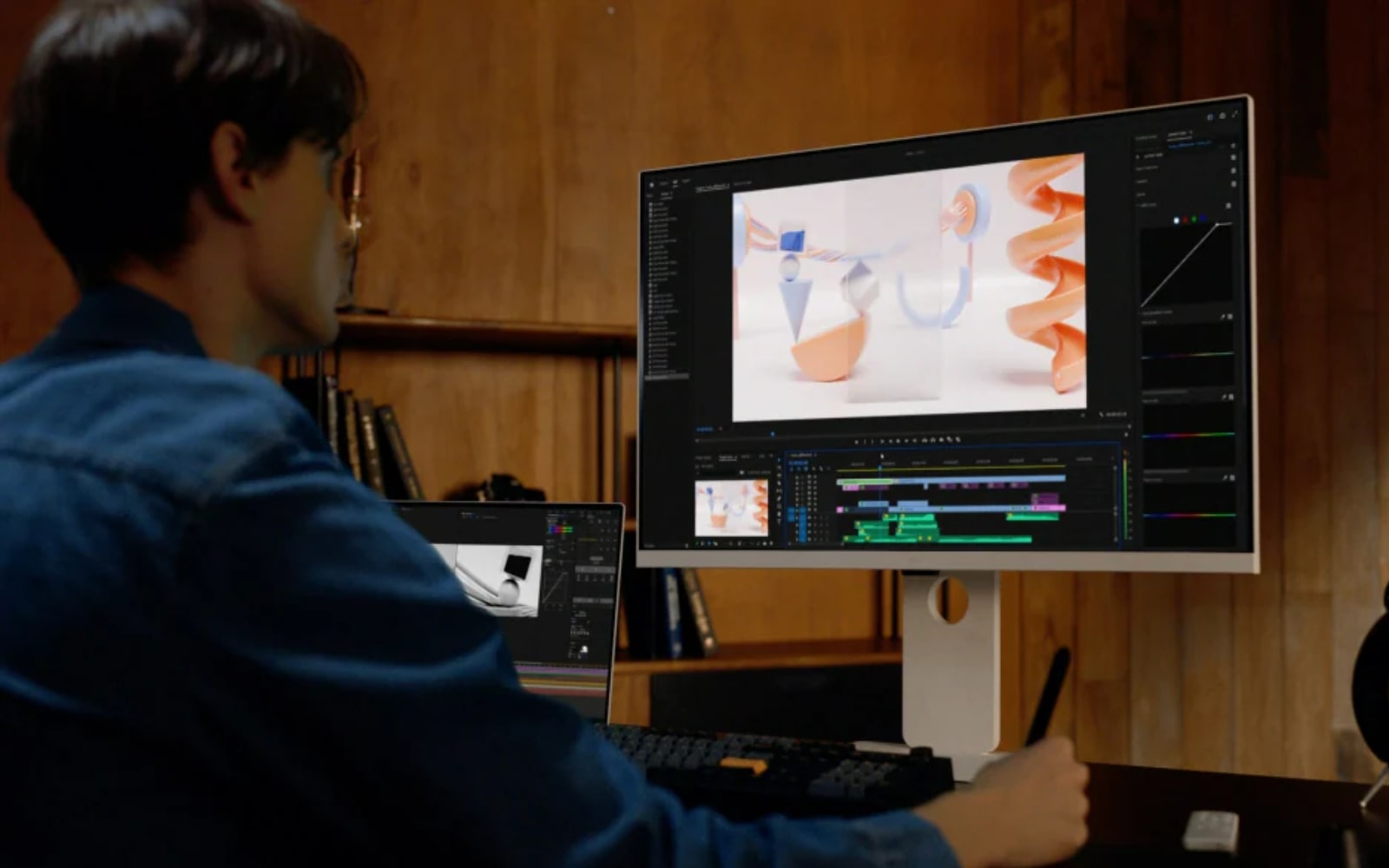 An LG Smart Monitor being used for video editing in a compact, space-efficient setup. The desk is neatly organised, and the monitor displays editing software with a clean interface. The setting emphasises efficient use of space in a cozy, wood-panelled workspace.