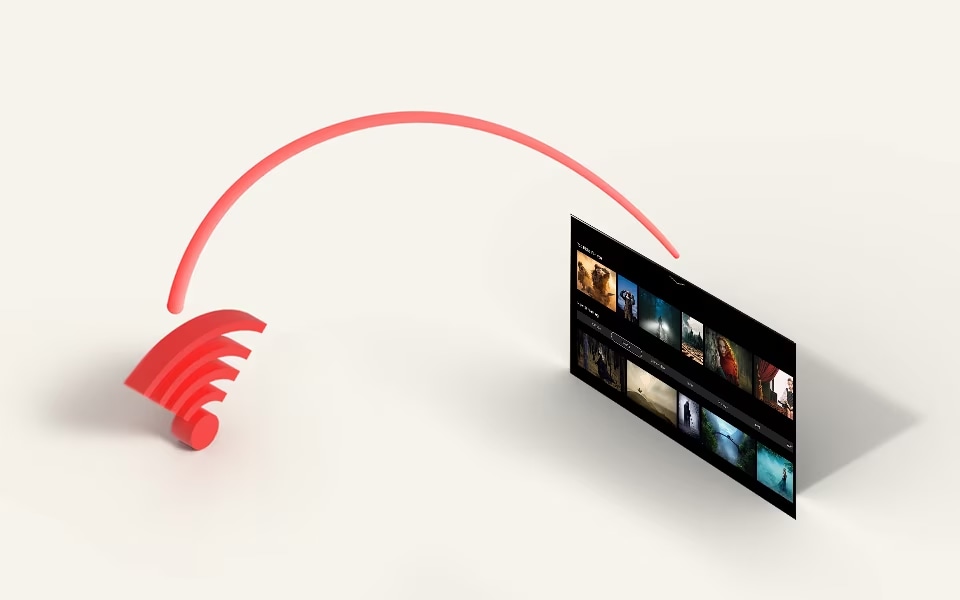 A stylised illustration of wireless connectivity, with a red Wi-Fi symbol arching toward a TV screen displaying a content library, representing the seamless integration of smart TV features.