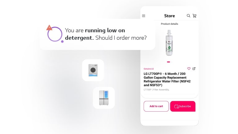 Image shows the LG ThinQ app screen displaying different notifications to replenish supplies for your home.