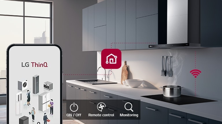  An image of the hood and a smartphone connected through ThinQ. There is an icon that expresses the functions of ThinQ, On/off,  Remote control, monitoring.