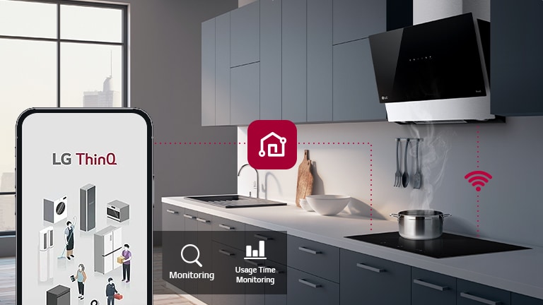 An image of an induction hob and a smartphone connected through ThinQ. There is an icon that expresses the functions of ThinQ, On/off, monitoring, usage time monitoring.