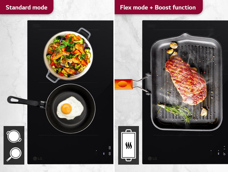 Split image of cooking with 1 pot on 2 burners or 2 pots on 2 burners.