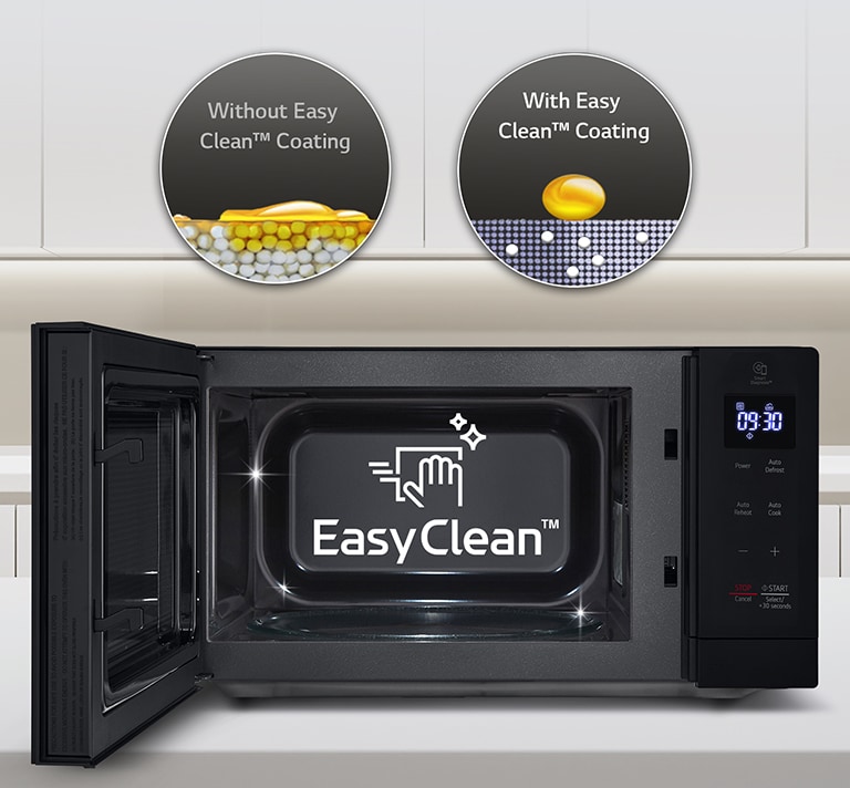 There is a microwave with an open door, and there is an explanation that it is easy to clean inside.