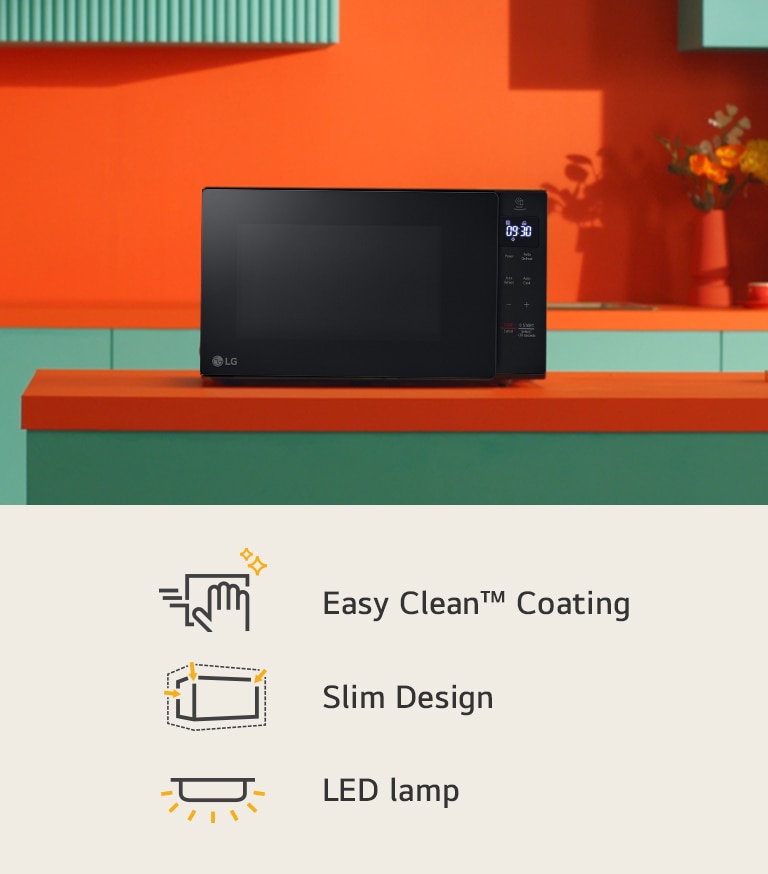 There is a microwave oven in neutral coloured kitchen and icons representing three key features.