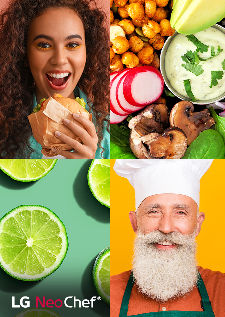 LG NeoChef logo with collage of food and lime slices, set against a colourful backdrop.