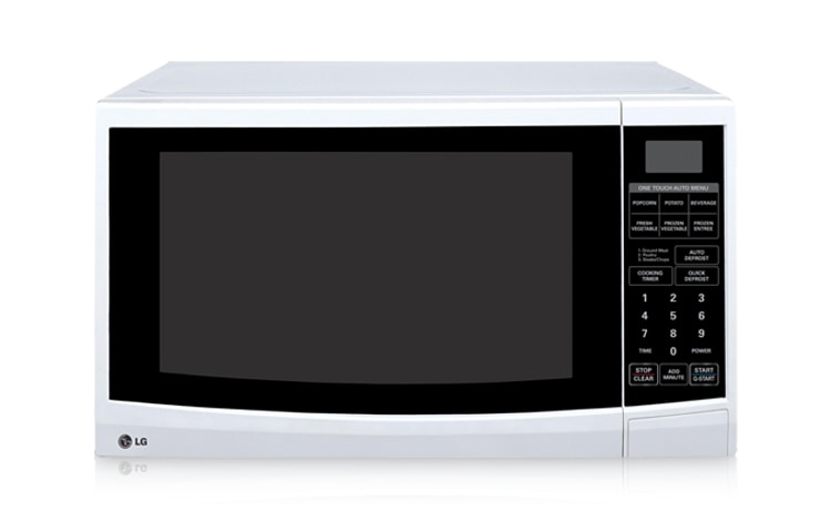Front view of 23L White Microwave with 10 different power levels, and 6 Auto Cook Menus MS2346S