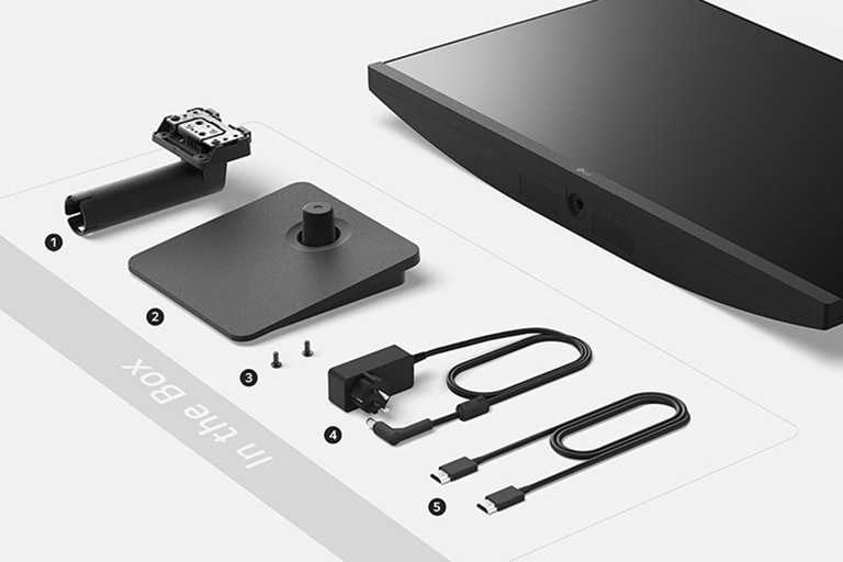 Stand body, Stand base, Screw, Adapter+Power code and HDMI cable in the box.