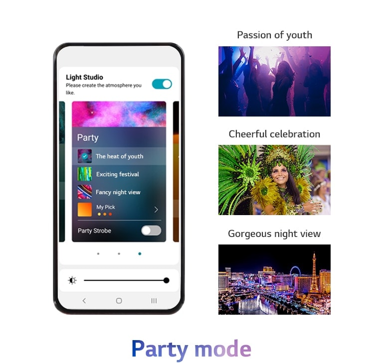 Mobile phone image with the APP screen on in party mode.ilhouette images of people dancing in clubs. The image of a woman wearing colorful party clothes. The night view of the city colored by neon colors.