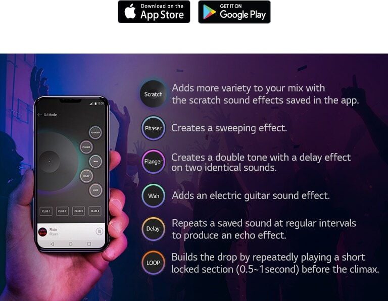 To express the sound coming out of the product as if it were a DJ through XBOOM APP, the image of the hand holding the phone with the DJ APP screen on and the functions listed next to it.