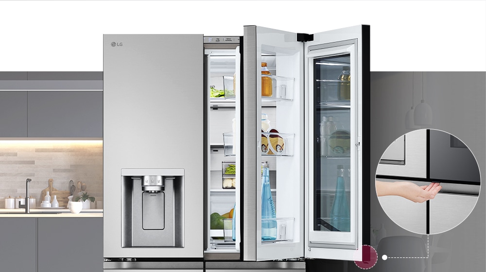 The front view of a Black Glass InstaView refrigerator. The door-in-door of the refrigerator is open. There's a small screen that explains where a concealed opening button is to open the door.