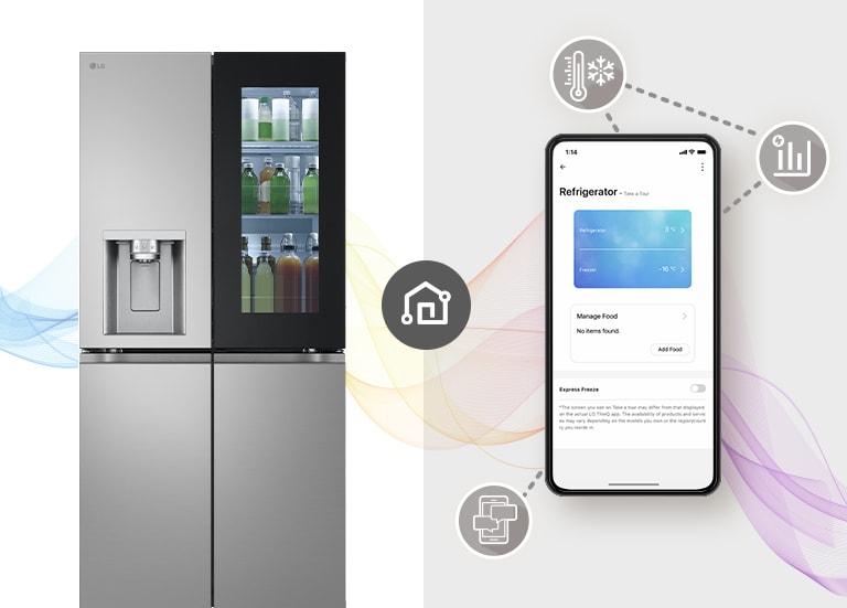 Graphic showing fridge on left hand side with mobile phone on right hand side. The mobile phone shows the ThinQ app interacting with the fridge, with iconography representing temperature, communication and graphs/data.