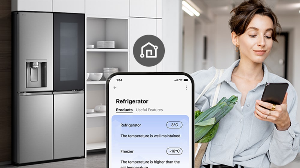 Image on the right shows a woman with a shopping basket looking at her cell phone. Image on the left shows the refrigerator front view. In the center of the images is an icon to show connectivity between the phone and refrigerator.