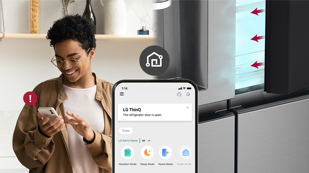 The image on the left shows the woman looking at the smartphone. The image on the right shows that the refrigerator door has been left open. In the foreground of the two images is the phone screen which shows the LG ThinQ app notifications and the Wi-Fi icon above the phone.