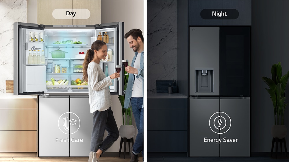 The image on the left shows a couple holding glasses during the day in front of an open refrigerator. Only one side of the refrigerator is open, and blue cold air is flowing out of the refrigerator. The thermometer icon, which means cold air, is located below the image. The image on the right shows the refrigerator in the kitchen on a dark night. Below the image is an electric icon, which means energy saving.