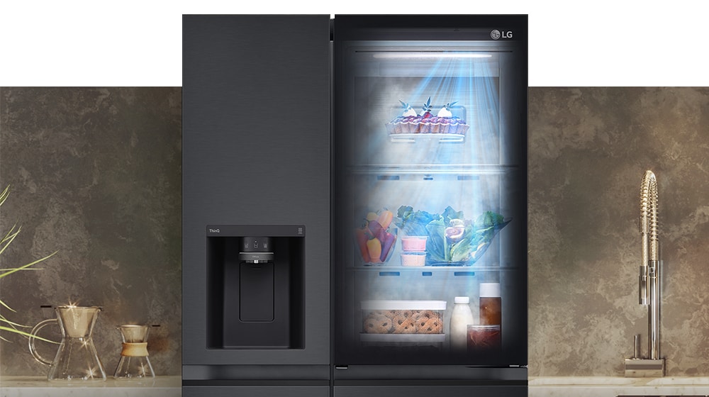 The front view of a black InstaView refrigerator with the light on inside. The contents of the refrigerator can be seen through the InstaView door. Blue rays of light shine down over the contents from the DoorCooling function.