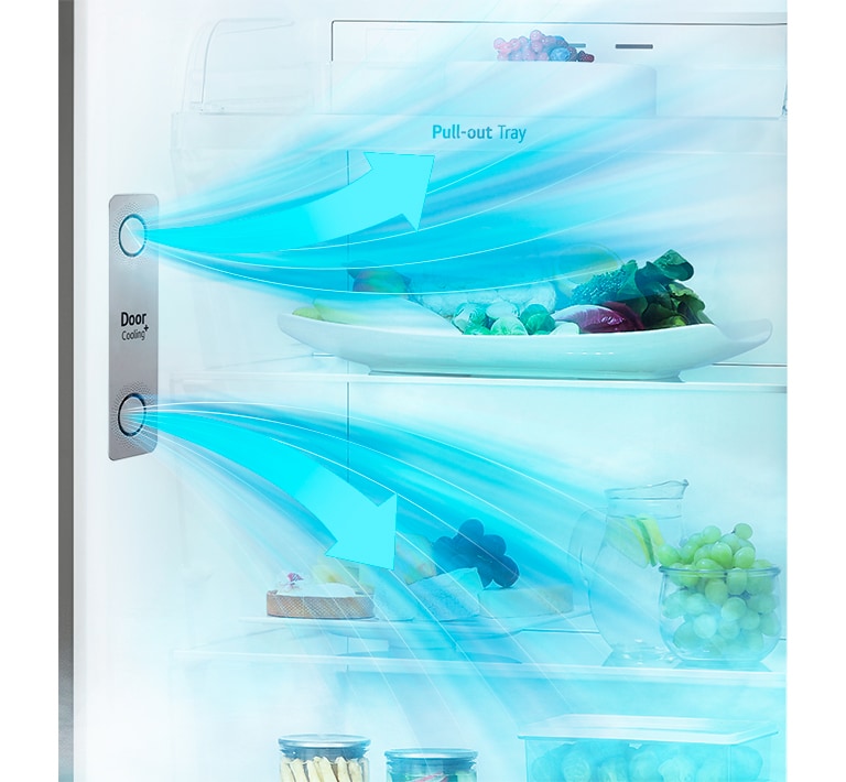 LG refrigerator showing cool air flow over fresh vegetables on shelves with Door Cooling feature.
