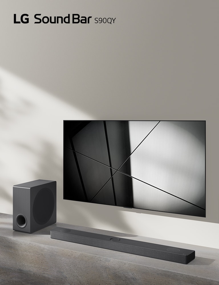 LG sound bar S90QY and LG TV are placed together in the living room. The TV is on, displaying a black and white image.