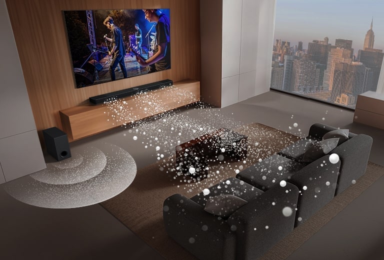 LG Soundbar, LG TV and subwoofer are in a living room displaying screen image with playing a musical performance. Three branch of white soundwaves made up of droplets project from the soundbar and a subwoofer is creating a sound effect from the bottom.