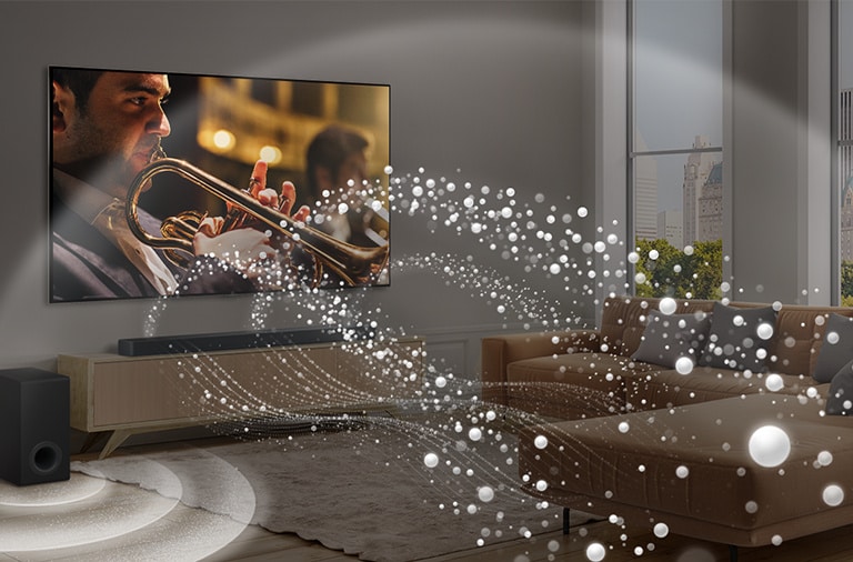 An image of an LG TV, LG Soundbar, and Subwoofer in a modern city apartment with soundwaves made of white droplets filling the room.