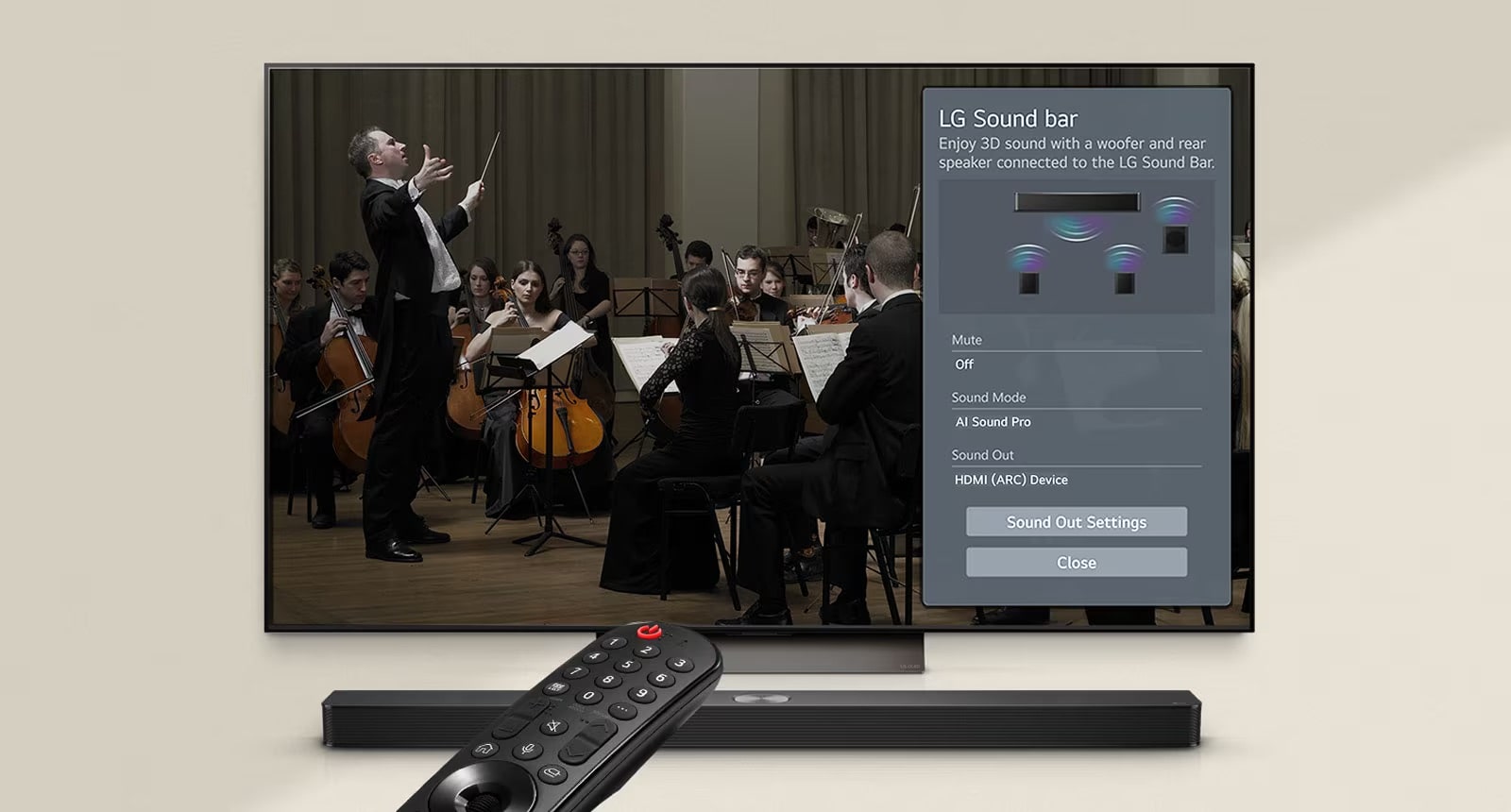 "An image of an LG TV and LG Soundbar in a living room playing a musical performance. White droplets make waves of sound that shoot upwards and forward from the soundbar and project from the TV, depicting the unique tonal palettes of the TV speakers and soundbar coming together. "