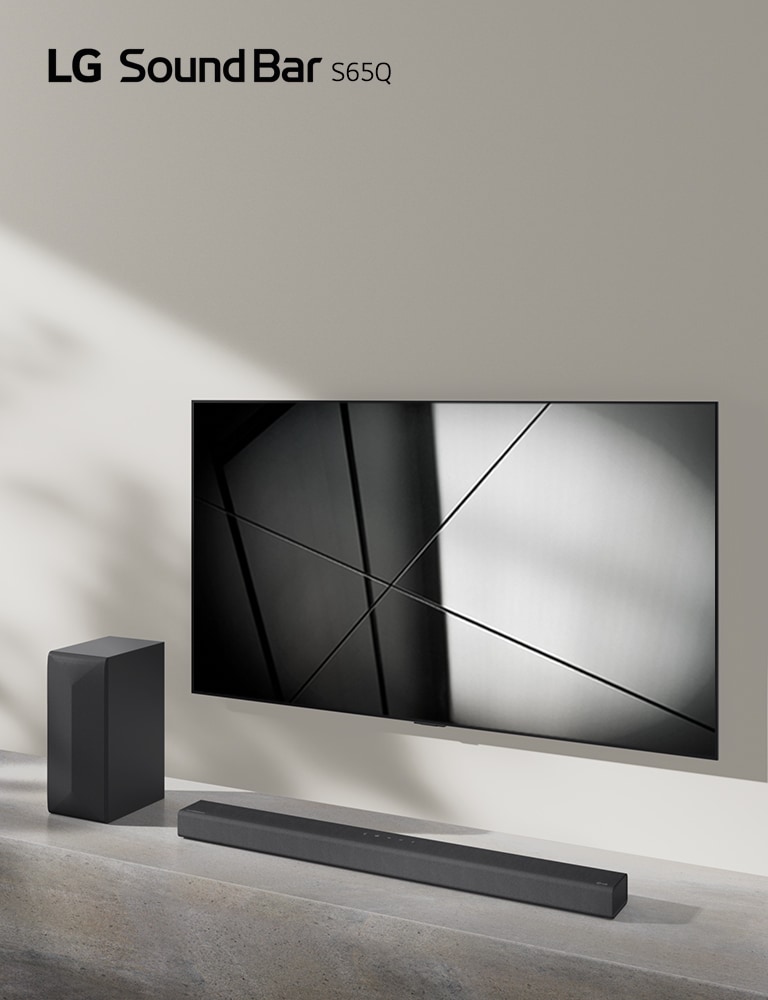 LG sound bar S75Q and LG TV are placed together in the living room. The TV is on, displaying a black and white image.