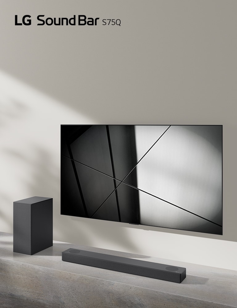 LG sound bar S75Q and LG TV are placed together in the living room. The TV is on, displaying a black and white image.