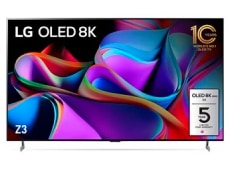 LG OLED Z3 with a Floor Standing showing a colorful abstract artwork. 