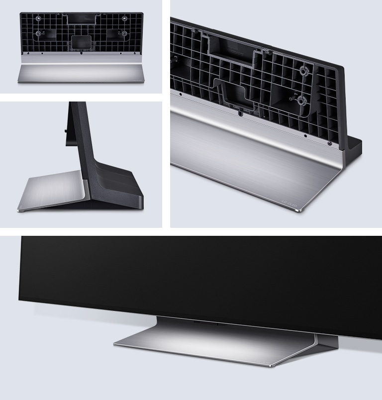 Swivel Stand seen from three different angles: from the front, from the side facing left, and from the back at a slight angle. Underneath is a close-up of the Swivel Stand together with an LG TV.