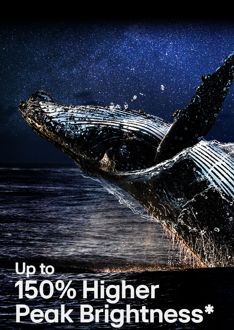 A whale is jumping out of the ocean against a black backdrop. The words of LG's Brightness Booster Max 'Up to 150% brighter' appear above the whale and gradually become brighter.