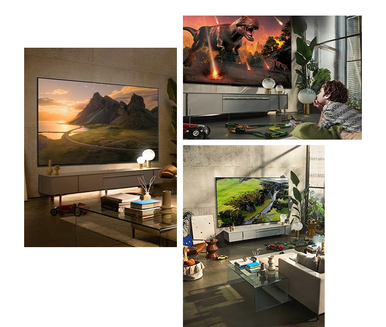 An LG OLED G2 is hung on the wall in a living room with plants, a pile of books, and a vintage-style cabinet. An LG OLED G2 is hung on the wall in a minimalist-looking room beside a shelf with monochrome ornaments. A side view of the ultra-slim edge of LG OLED G2. An LG OLED G2 is hung on a colorful living room wall with a dried planet, diffuser, and vases. A close-up of an edge on the ultra-slim LG OLED G2.