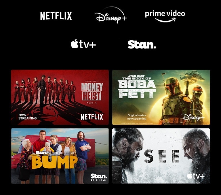 A poster of Money Heist from Netflix, The Book of Boba Fett from Disney Plus, The Wheel of Time from Prime Video, See from Apple TV Plus.