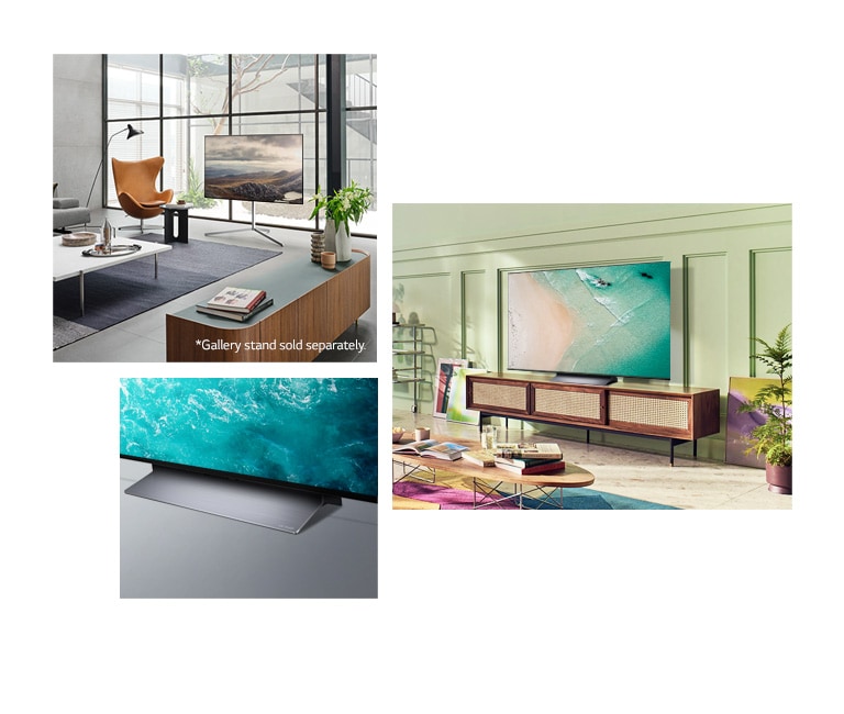 An LG OLED C2 is hung on the wall in a living room with plants, a pile of books, and a vintage-style cabinet. An LG OLED C2 is hung on the wall in a minimalist-looking room beside a shelf with monochrome ornaments. A side view of LG OLED C2's base. An LG OLED C2 sits on a TV stand in a colorful living room beside a pile of books. An LG OLED C2 sits on a TV stand in a terracotta-toned room beside two leather dining chairs with a matching footstool and woven rug.