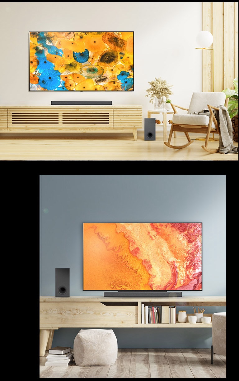 An image of LG OLED B3 with a Floor Stand in front of a window overlooking the city. LG OLED B3 on the wall of a modern room. The bottom corner of LG OLED B3's base.