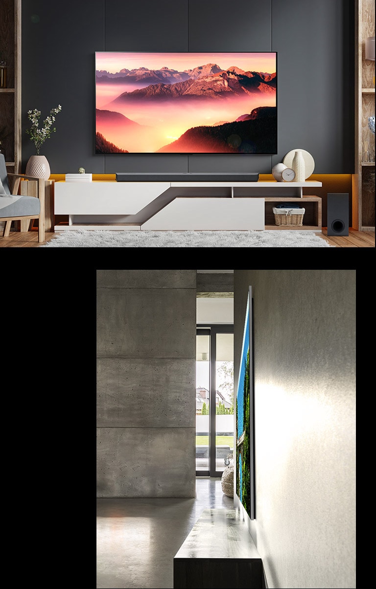 An image of LG OLED G3 on the wall of an ornate room showcasing its One Wall Design. A side view of LG OLED G3's incredibly slim dimensions. An angled view of LG OLED G3 on the wall of a city view apartment with a Soundbar below.