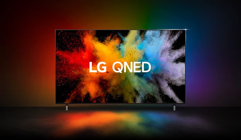 Typo-motion of QNED and NanoCell overlap and explode into color powder. LG QNED miniLED logo appears on TV.