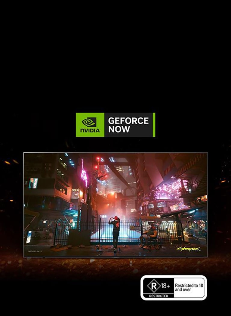 Flames spark up around the TV and you can see Cyberpunk's game screen inside. There is a Geforce now logo on the top of the TV.