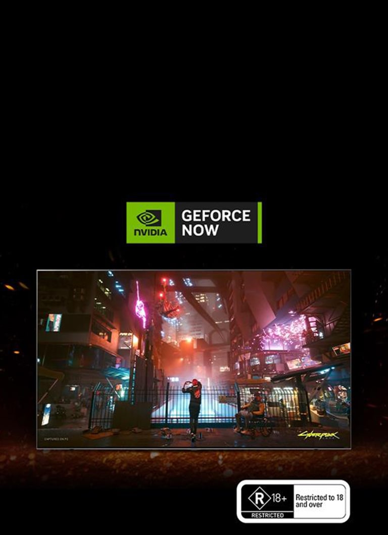 Flames spark up around the TV and you can see Cyberpunk's game screen inside. There is a Geforce now logo on the top of the TV.