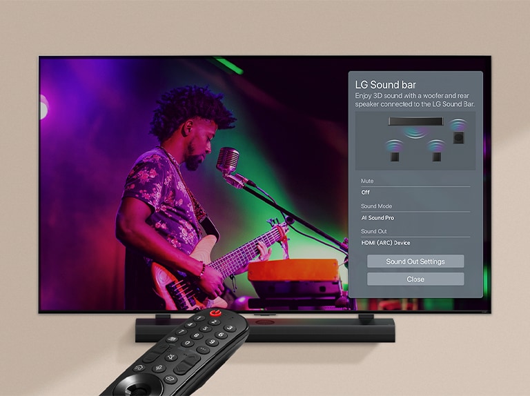 An image of a remote control pointed at an LG QNED TV showing soundbar control settings on the right side of the screen.