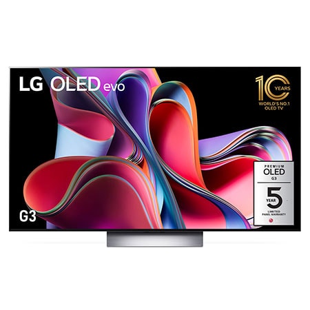 Front view with LG OLED evo, 10 Years World No.1 OLED Emblem, and 5-Year Panel Warranty logo on screen