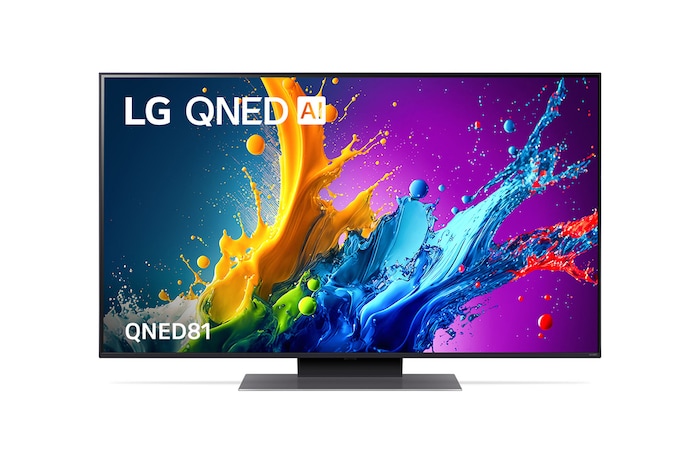 Front view of LG QNED TV, QNED81 with text of LG QNED and 2024 on screen