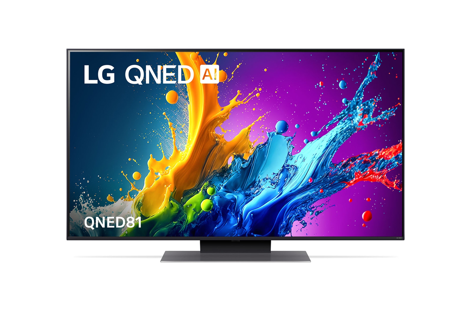 Front view of LG QNED TV, QNED81 with text of LG QNED and 2024 on screen
