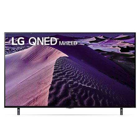 A front view of the LG QNED TV with infill image and product logo on