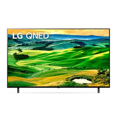 A front view of the LG QNED TV with infill image and product logo on