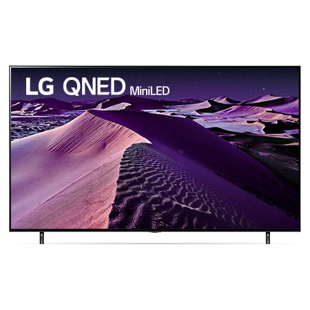 A front view of the LG QNED TV with infill image and product logo on