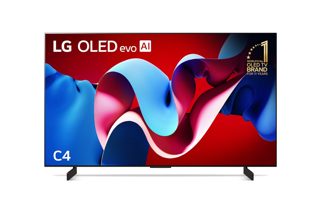 Front view with LG OLED evo C4 TV OLED42C4PSA, 11 Years of world number 1 OLED Emblem on screen.