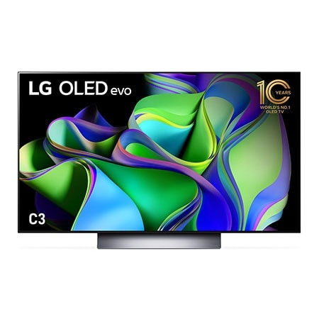 Front view with LG OLED evo and 10 Years World No.1 OLED Emblem on screen.