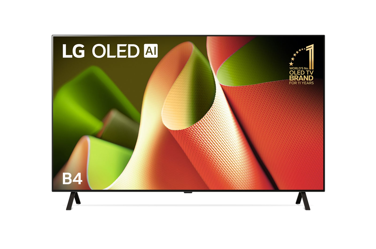 Front view with LG OLED B4 TV OLED65BPSA, 11 Years of world number 1 OLED Emblem.