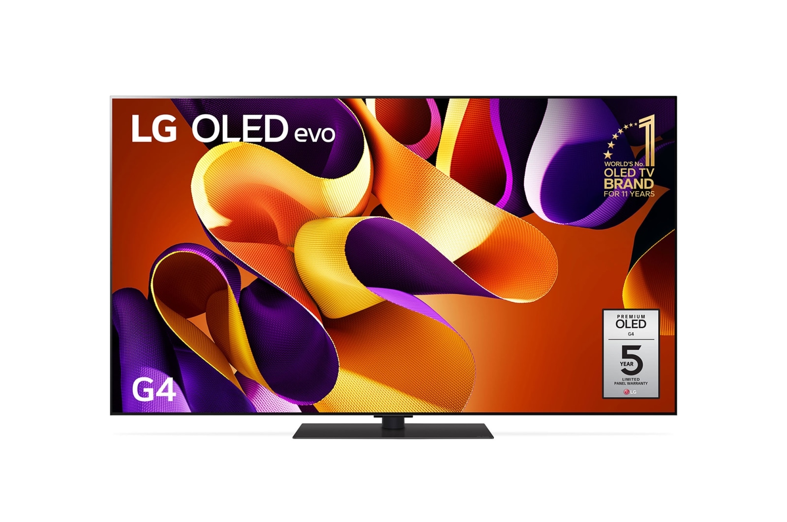 Front view with LG OLED evo G4 TV OLED65G4PSA, 11 Years of world number 1 OLED Emblem on screen.